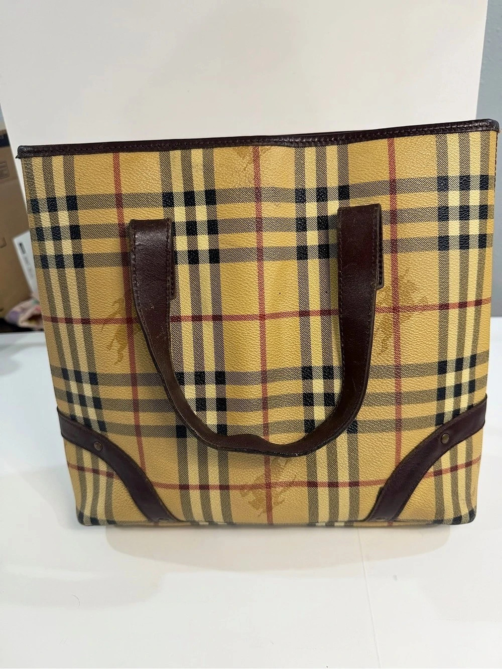 Vintage Burberry Nova Check Tote Bag Brown Leather Trim Made in Italy